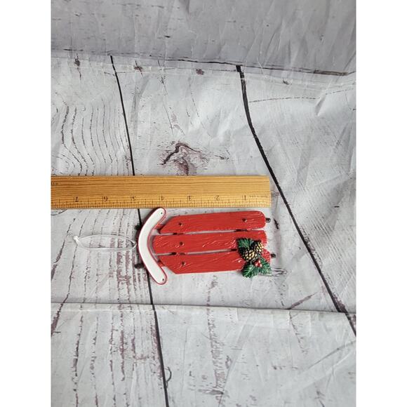 Vintage Red Sled Christmas Ornament Pinecone Holly Rustic Holiday Decor - Picture 3 of 4